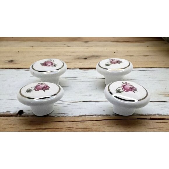vintage set of 4 porcelain rose design round cabinet hardware door/drawer pulls. - Picture 1 of 9